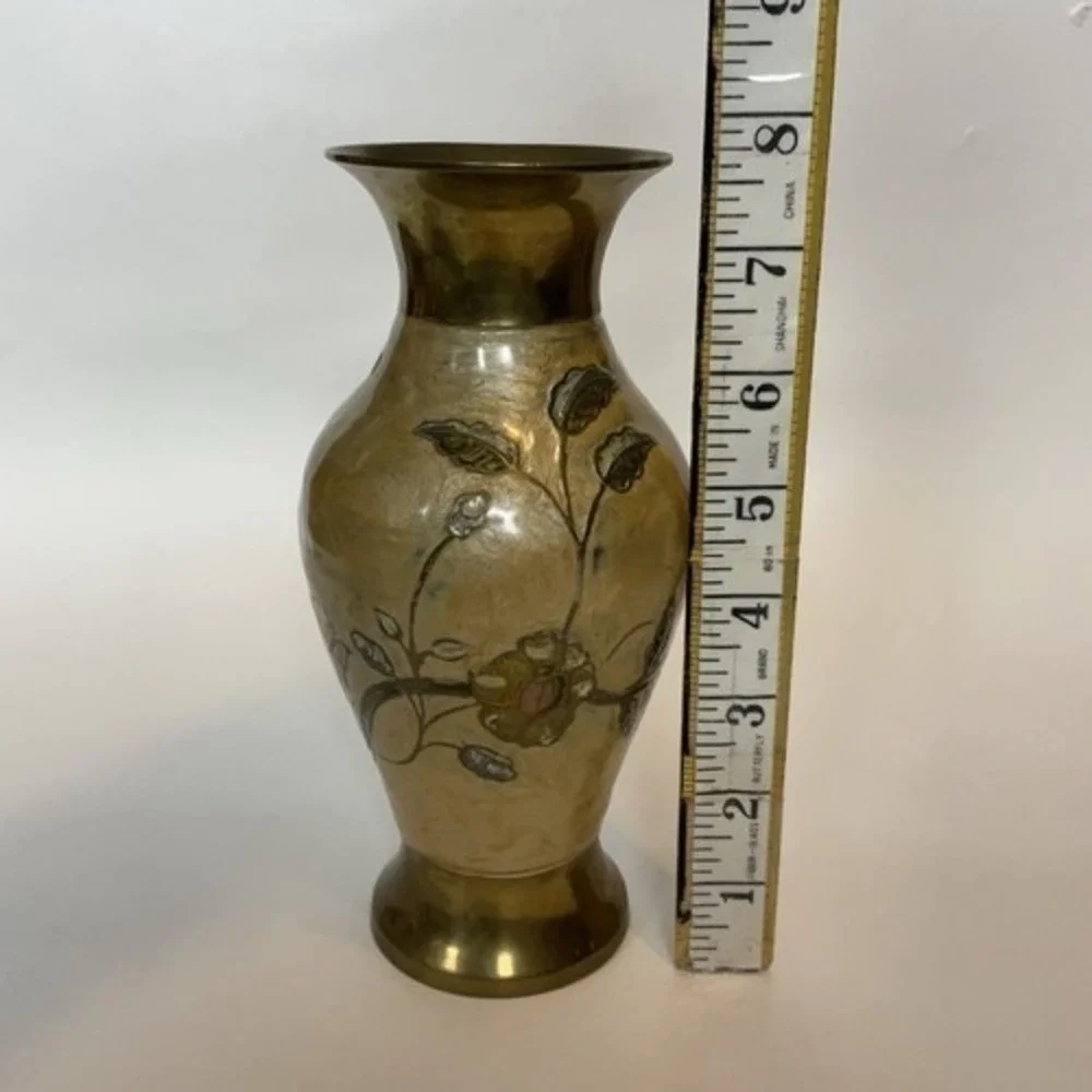 VTG Solid Brass Floral Hand Covered/Painted‎ Enamel Vase 8